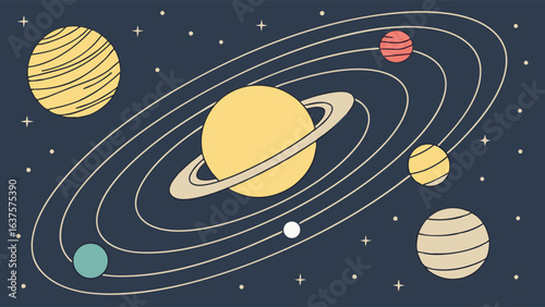 Stylized Solar System with Planets and Rings Illustration.