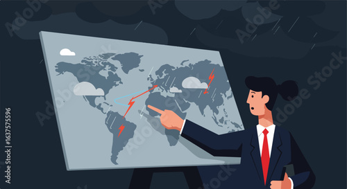 Woman presenting world map under stormy weather, showing areas of concern