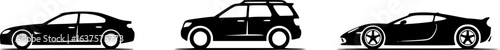 three black car icons, vector illustration, simple design, isolated on white background, monochrome, minimalist

