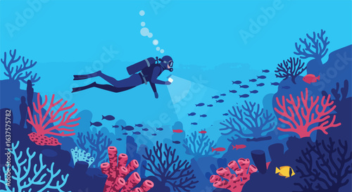 Scuba diver explores ocean reef. Tropical fish, bubbles, & coral populate the ocean floor
