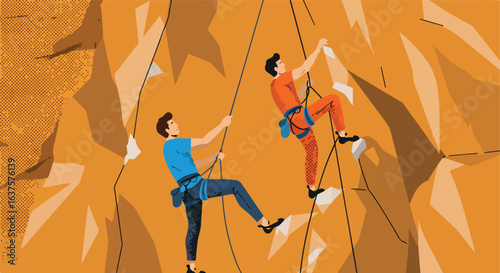 Two climbers ascend an orange rock face using ropes and safety gear for assistance