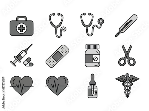 Medical Icons Set: A collection of vector-based medical icons, featuring a first aid kit, stethoscope, thermometer, syringe, pills, bandage, medication bottle, scissors, heartbeat, eye dropper.