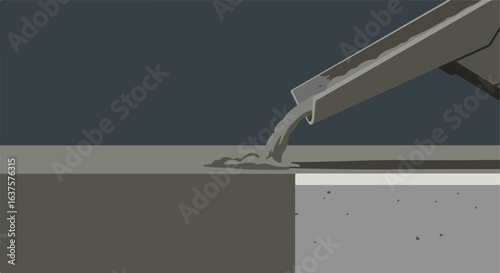 Pouring concrete. Grey material flows onto a concrete form on a cloudy background