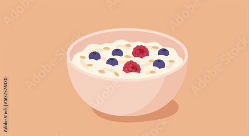 Porridge with blueberries and raspberries on a light pink background