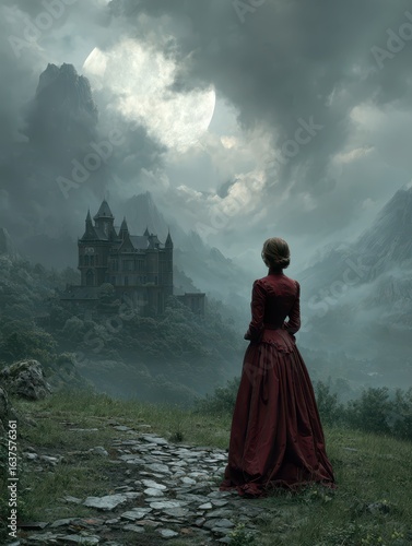 A woman in a long red dress stands on a stone path overlooking a dark gothic castle led in a misty valley under a full moon at night.