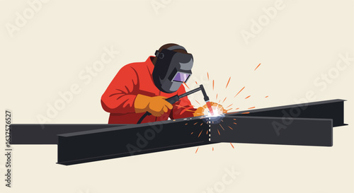 Welder welds black metal with safety mask, producing bright sparks on pale beige background