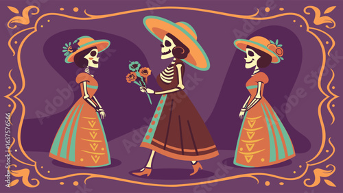 Three Elegant Calaveras with Flowers for the Day of the Dead.