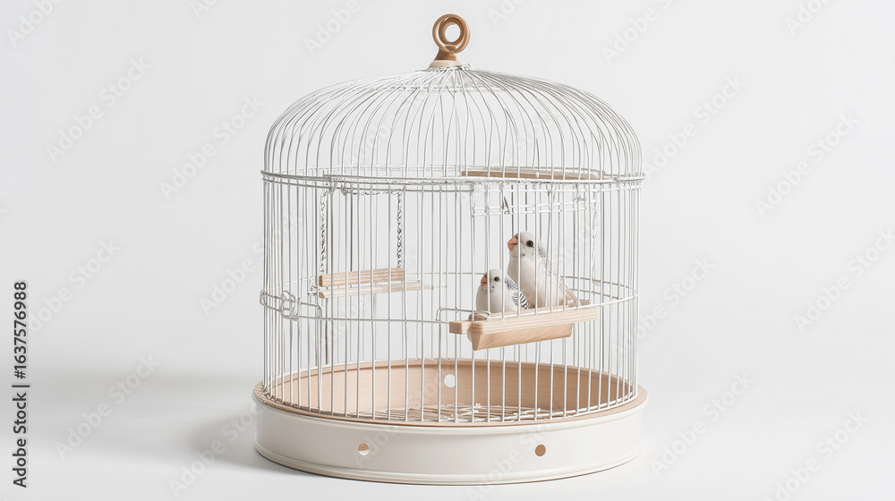 Fototapeta premium round bird cage with feeding doors and perch, shown on white background, compact size for budgies or canaries, comes with swing and tray