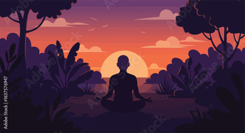 Meditating silhouette in lotus position at dusk surrounded by plants, trees and birds
