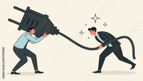 Two Businessmen Connecting a Large Electrical Plug and Cord.