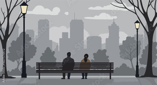 Couple sits on park bench facing city skyline on cloudy day next to bare trees
