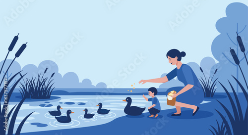 Woman and child feeding ducks on a peaceful pond, surrounded by cattails & trees