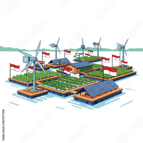 Floating platforms with wind turbines, solar panels, crops, and Indonesian flags, showcasing sustainable energy and agriculture on water.