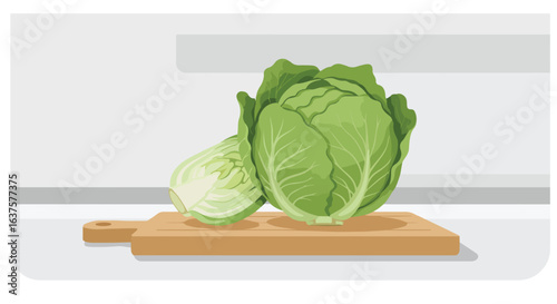 Cabbages on a wooden board on a gray surface; leafy greens vegetables