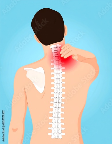 Posterior view of a man experiencing neck pain, with highlighted spinal vertebrae