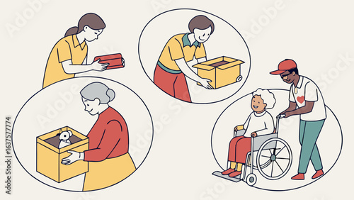 Volunteers Assisting Elderly and Delivering Packages in Illustrated Circles.