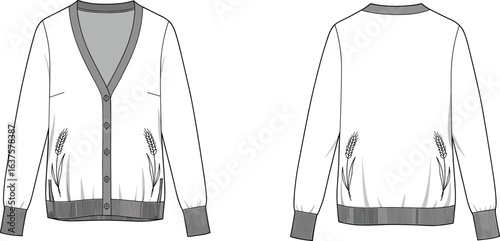 Vector CAD drawing of a button-up cardigan with ribbed trim, V-neckline, and wheat embroidery on front and back panels.