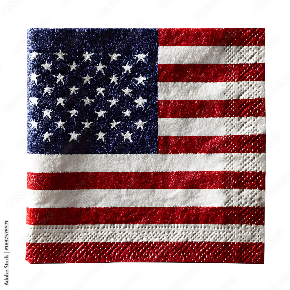 Obraz premium american flag paper napkin folded, soft wrinkle texture. stack of patriotic paper napkins, folded, red white blue stars and stripes design. 