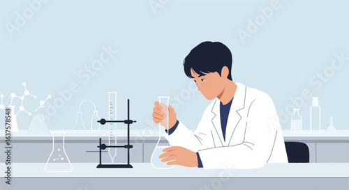 Scientist in lab coat conducting experiment with glass beaker and other instruments