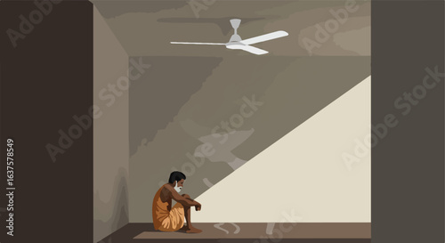Man sits on floor with fan above, reflecting light, inside an empty interior space