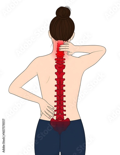 Posterior view of woman with highlighted spinal pain