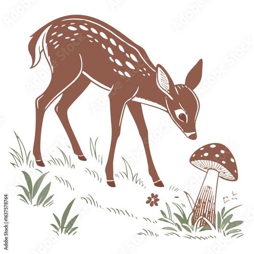 A cute fawn with spotted fur curiously inspects a tall mushroom in a grassy meadow