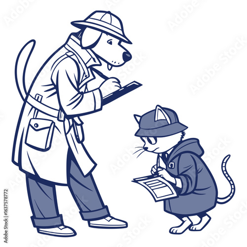 A dog detective in a trench coat and fedora interviews a cat detective wearing a similar outfit and hat