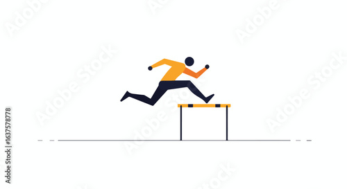 Jumper with bright yellow shirt mid-air over hurdle on minimal line