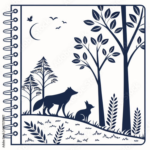 A stylized silhouette of a fox and a rabbit in a forest under a crescent moon with birds flying