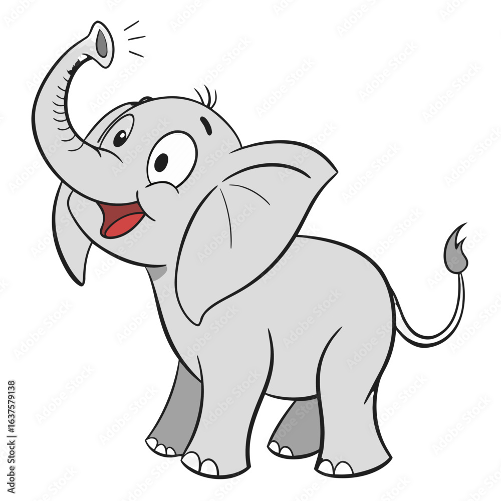 Fototapeta premium Cute cartoon baby elephant spraying water from its trunk with a happy expression