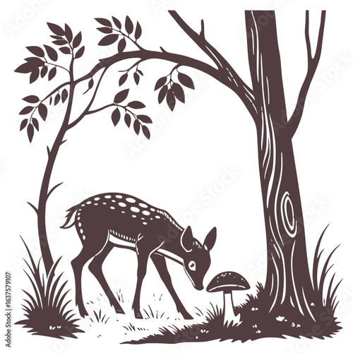Charming spotted fawn curiously sniffing a mushroom in a dark forest under tree branches