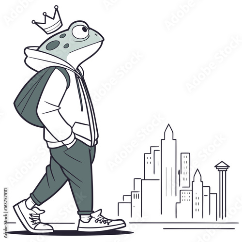 Cool anthropomorphic frog wearing a crown and hoodie walks confidently through a stylized city skyline