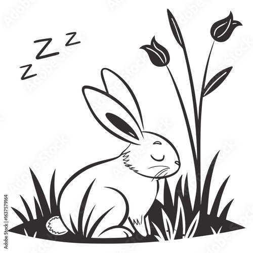 Cute cartoon bunny sleeping peacefully in the grass next to blooming tulips with zzz symbols
