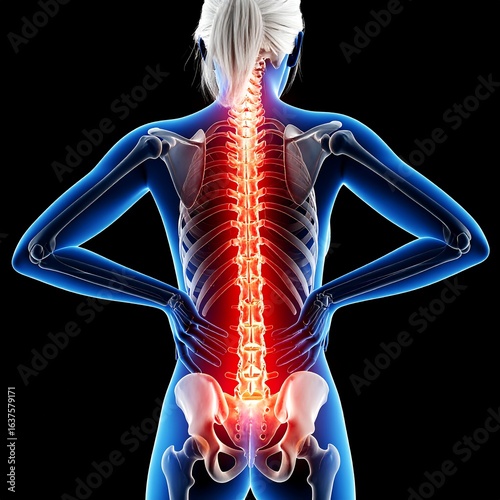 Posterior view of female anatomy highlighting spinal column and lower back pain