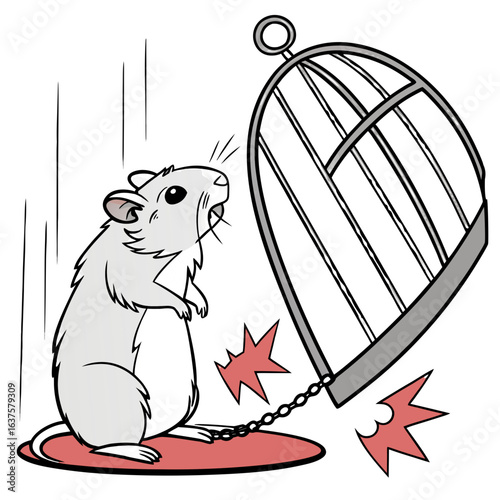 Cute cartoon hamster escaping from a broken cage with a determined expression and red starbursts