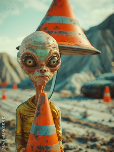 An alien stands guard, holding a traffic cone on a dusty, otherworldly construction site