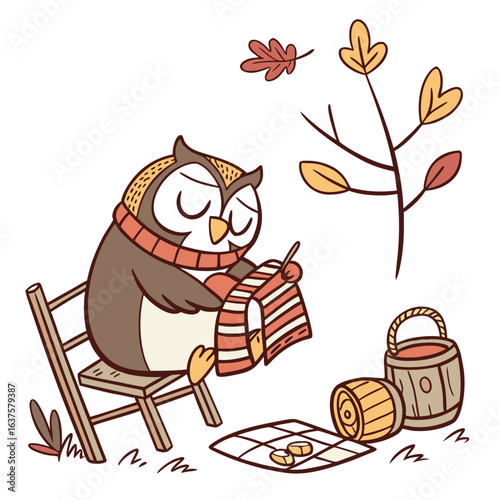 Cute cartoon owl wearing a scarf knitting a striped sweater on a chair in autumn