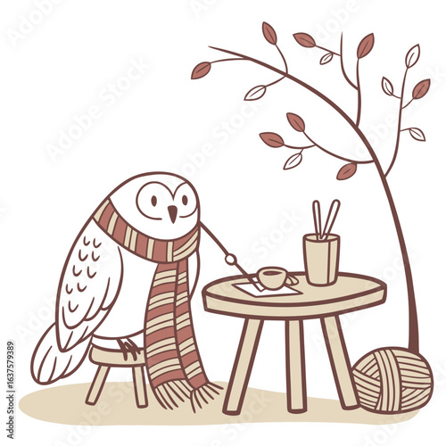 Cute cartoon owl wearing a striped scarf sits at a table with a coffee cup and knitting needles