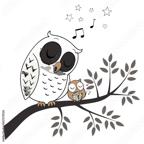 Cute mother and baby owls sitting on a tree branch at night with stars in the sky