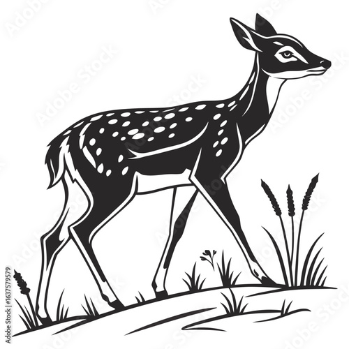 Elegant black and white silhouette of a spotted fawn walking through tall grass and reeds