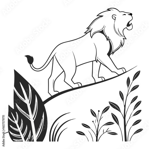 Majestic lion with a flowing mane roars from a rocky outcrop surrounded by lush jungle foliage