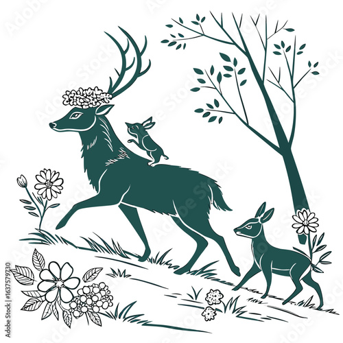 Majestic stag with a flower crown carries a small rabbit on its back through a forest scene with a fawn