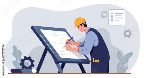 Architect designs plans wearing a hard hat with gears, leaves, to-do list