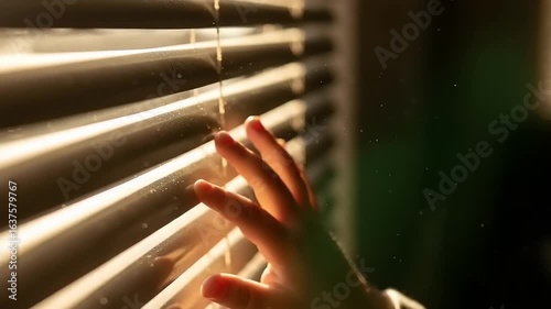 Hand peering through window blinds