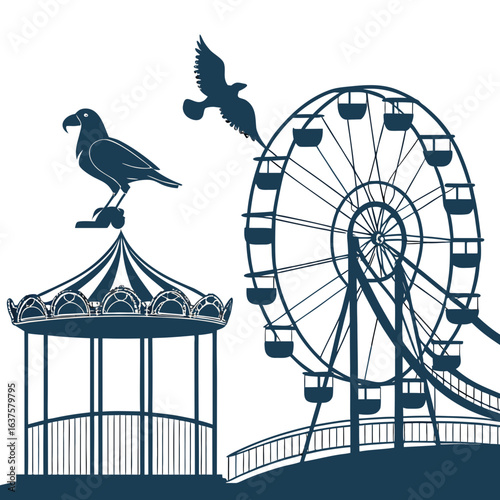 Silhouette of a ferris wheel and carousel with birds flying against a white background