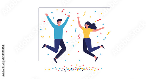 People jumping in celebration, confetti, cheerful, happy, excitement on white