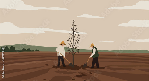 Two people plant a tree in a plowed field with a cloudy sky & distant hills