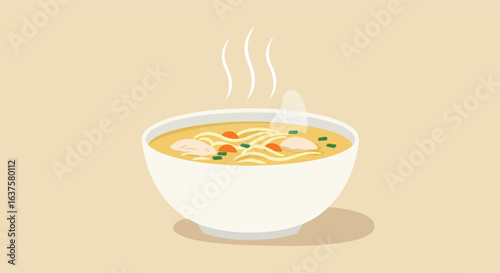 Bowl of steaming noodle soup with meat, carrots, and greens sits on pale background