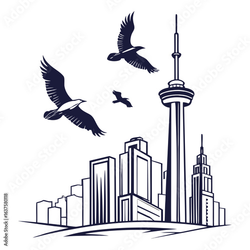 Three dark birds soar over a stylized cityscape featuring a prominent tower against a black background