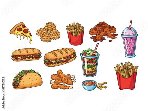 Feast of Flavors: A vibrant collection of assorted fast food favorites, each a miniature masterpiece of flavor and visual appeal. A diverse arrangement of savory and sweet indulgences.